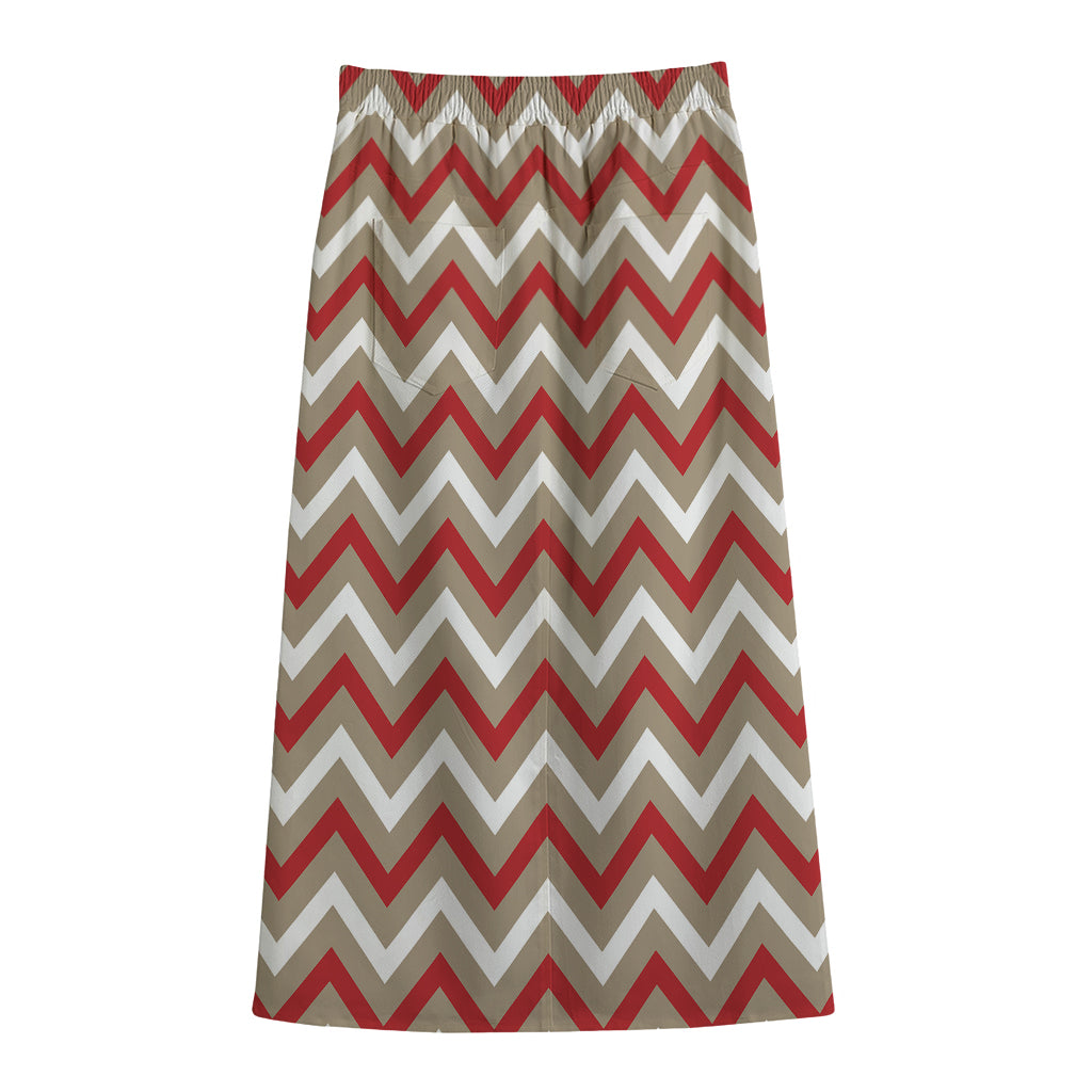 White Beige And Red Chevron Print Cotton Front Slit Maxi Skirt