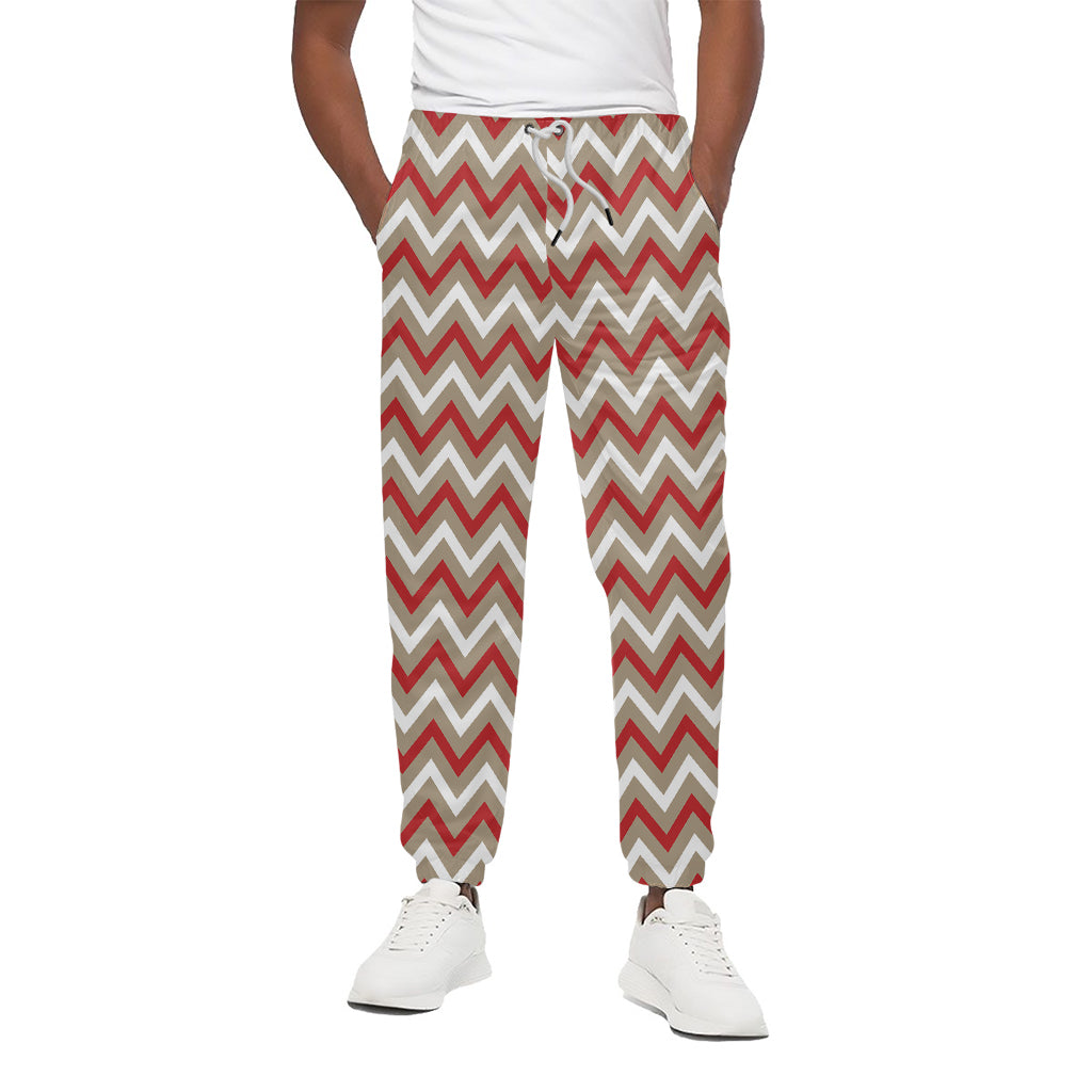 White Beige And Red Chevron Print Cotton Pants