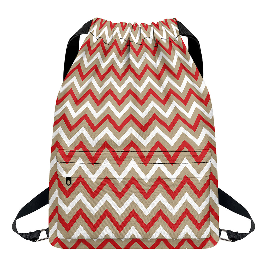 White Beige And Red Chevron Print Drawstring Backpack