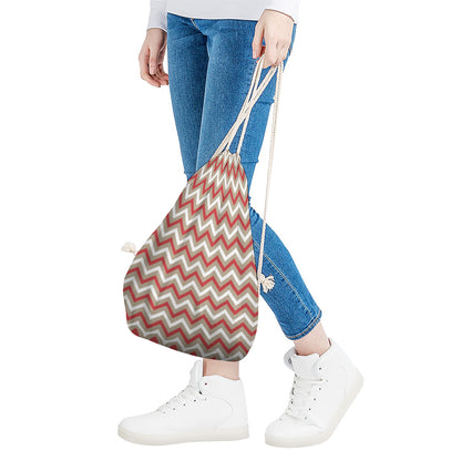 White Beige And Red Chevron Print Drawstring Bag