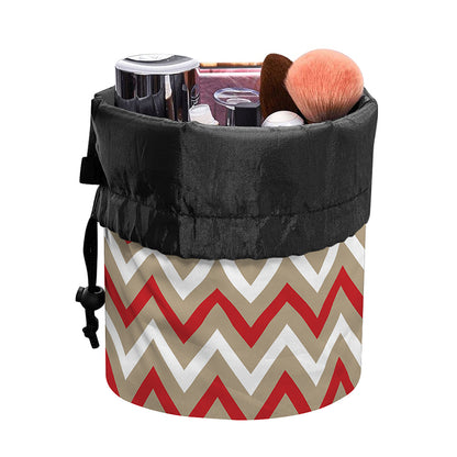 White Beige And Red Chevron Print Drawstring Makeup Bag