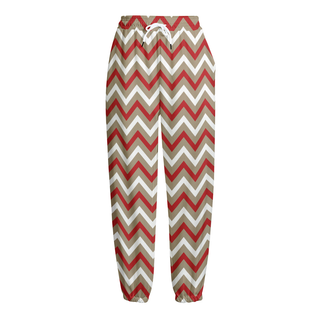 White Beige And Red Chevron Print Fleece Lined Knit Pants