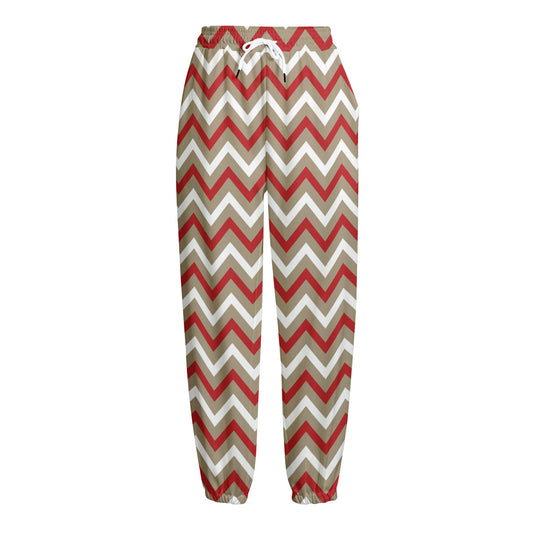 White Beige And Red Chevron Print Fleece Lined Knit Pants