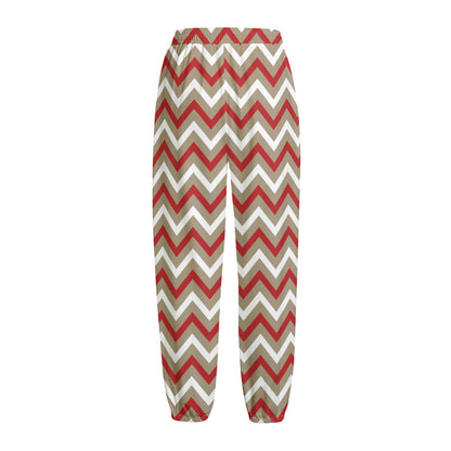 White Beige And Red Chevron Print Fleece Lined Knit Pants