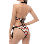 White Beige And Red Chevron Print Halter Scoop Tie Side Bikini