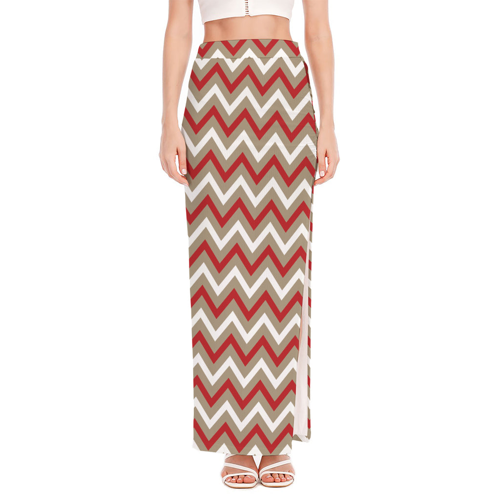 White Beige And Red Chevron Print High Slit Maxi Skirt