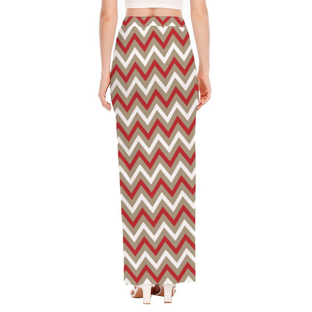 White Beige And Red Chevron Print High Slit Maxi Skirt