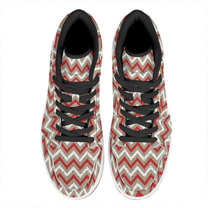 White Beige And Red Chevron Print High Top Leather Sneakers