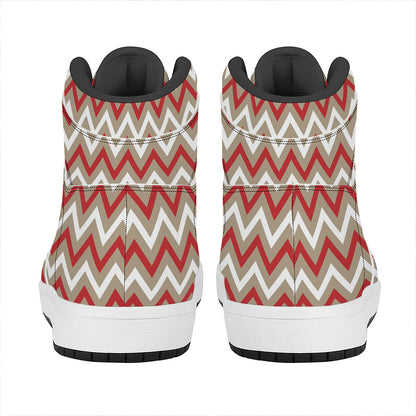 White Beige And Red Chevron Print High Top Leather Sneakers