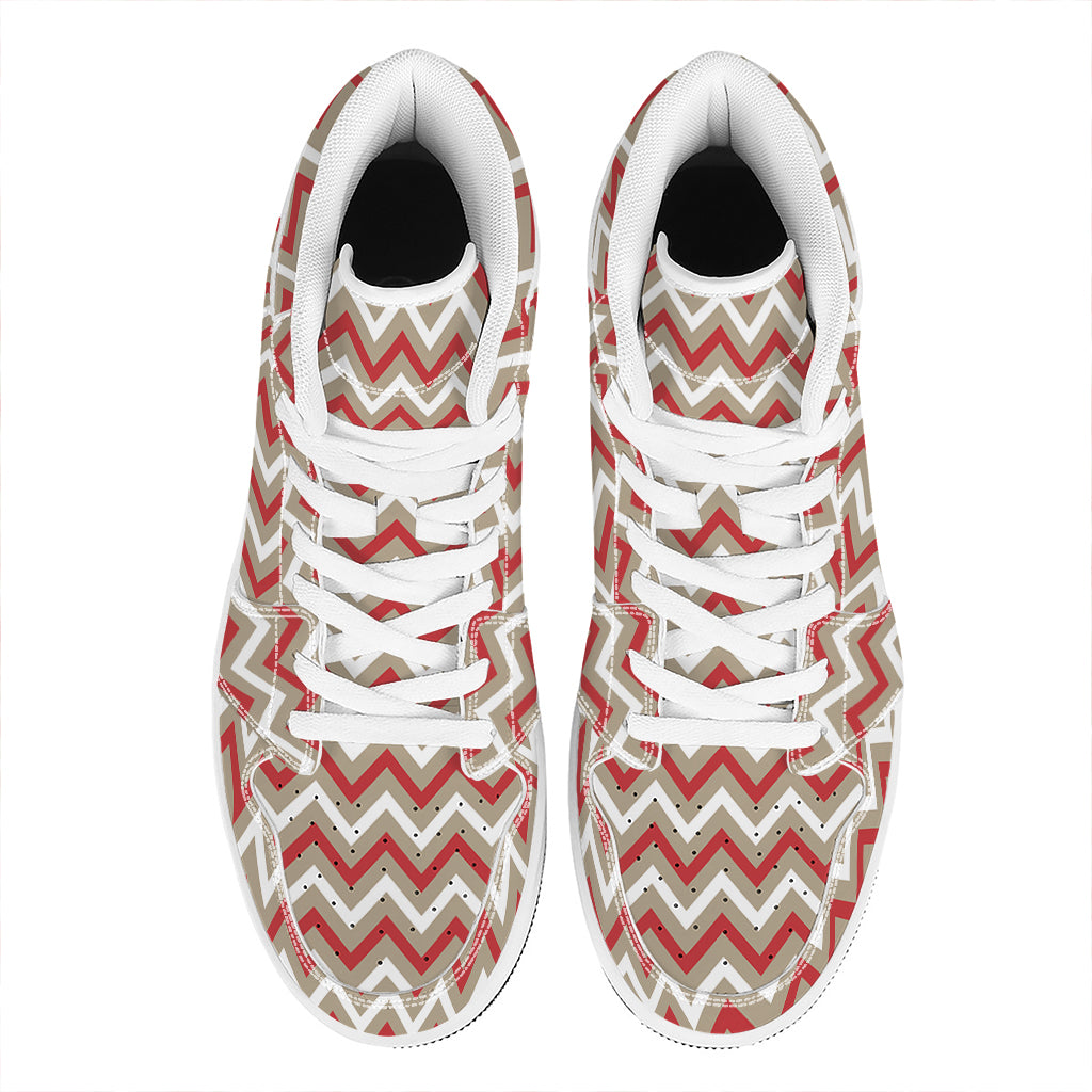 White Beige And Red Chevron Print High Top Leather Sneakers