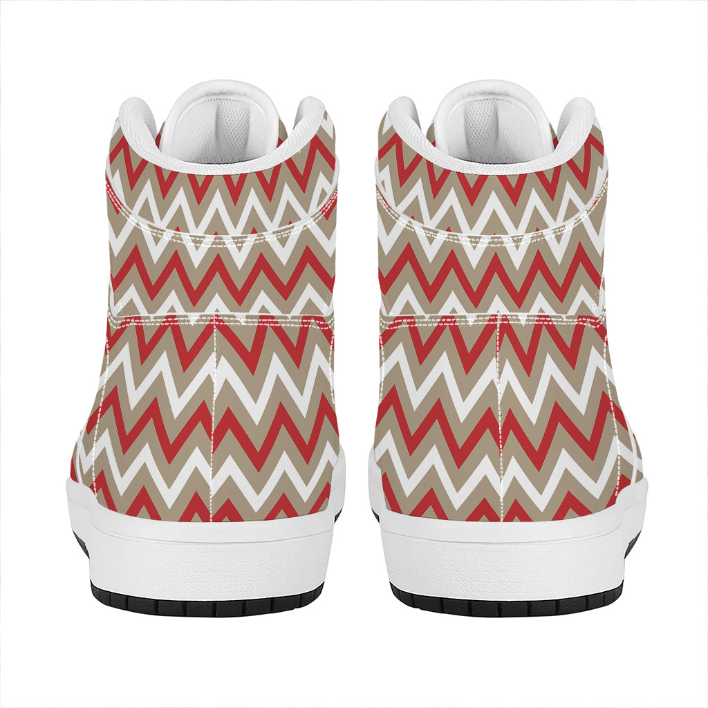 White Beige And Red Chevron Print High Top Leather Sneakers