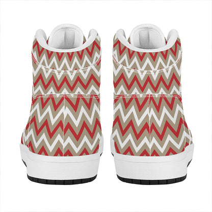 White Beige And Red Chevron Print High Top Leather Sneakers