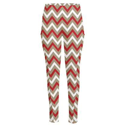 White Beige And Red Chevron Print High-Waisted Pocket Leggings