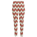 White Beige And Red Chevron Print High-Waisted Pocket Leggings