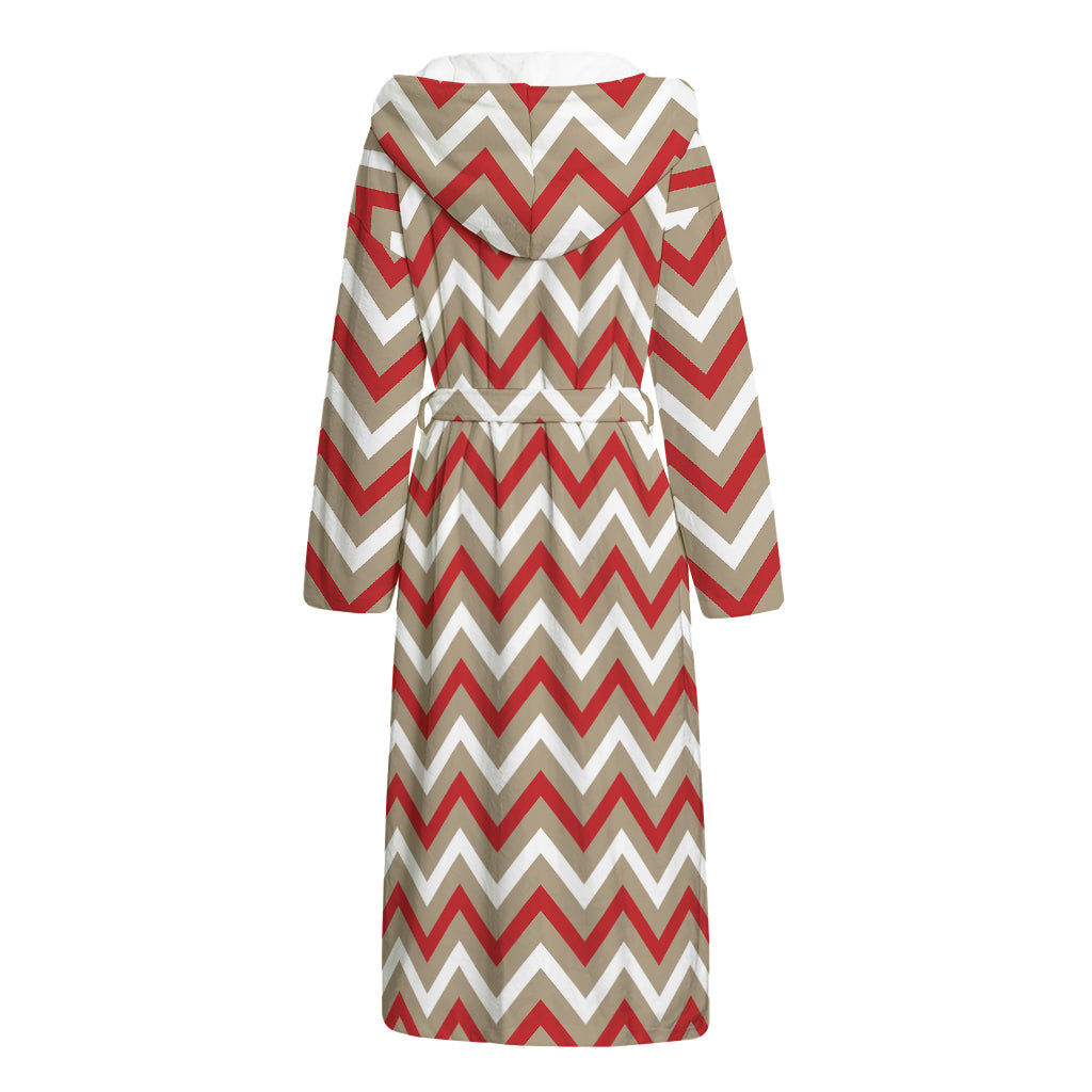 White Beige And Red Chevron Print Hooded Bathrobe