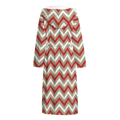 White Beige And Red Chevron Print Hooded Bathrobe