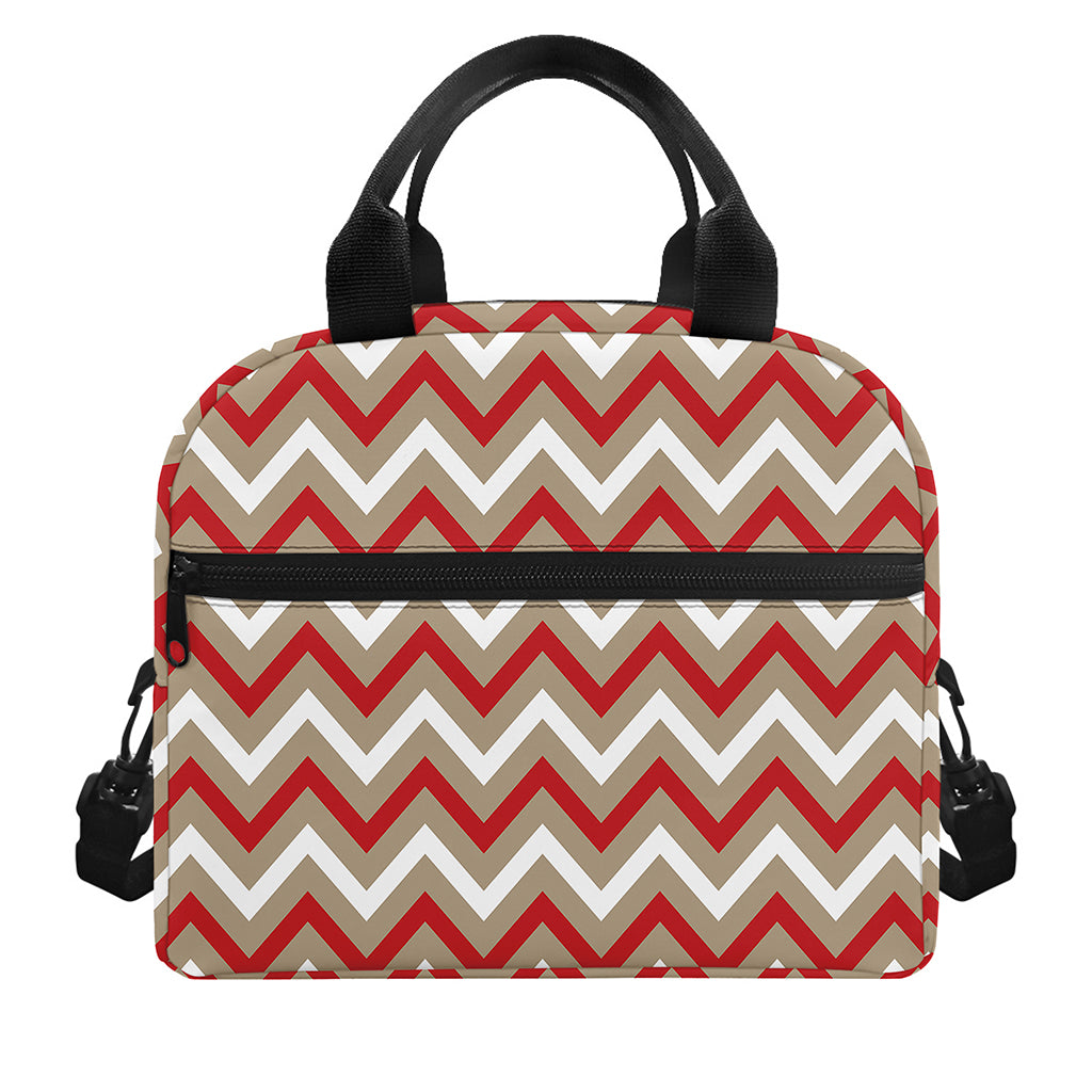 White Beige And Red Chevron Print Insulated Lunch Bag