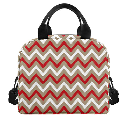 White Beige And Red Chevron Print Insulated Lunch Bag