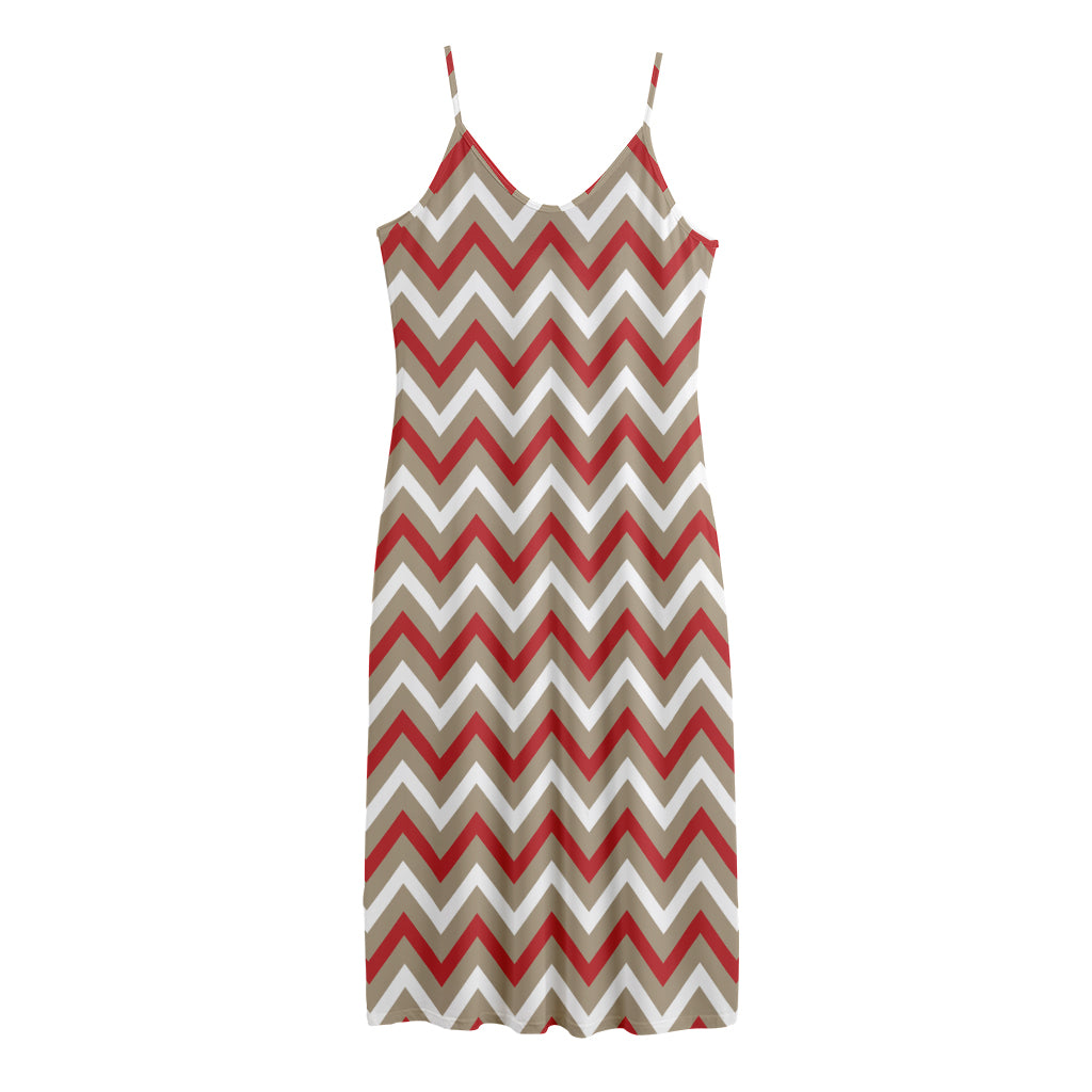 White Beige And Red Chevron Print Jersey Midi Cami Dress