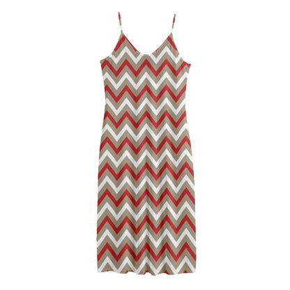 White Beige And Red Chevron Print Jersey Midi Cami Dress