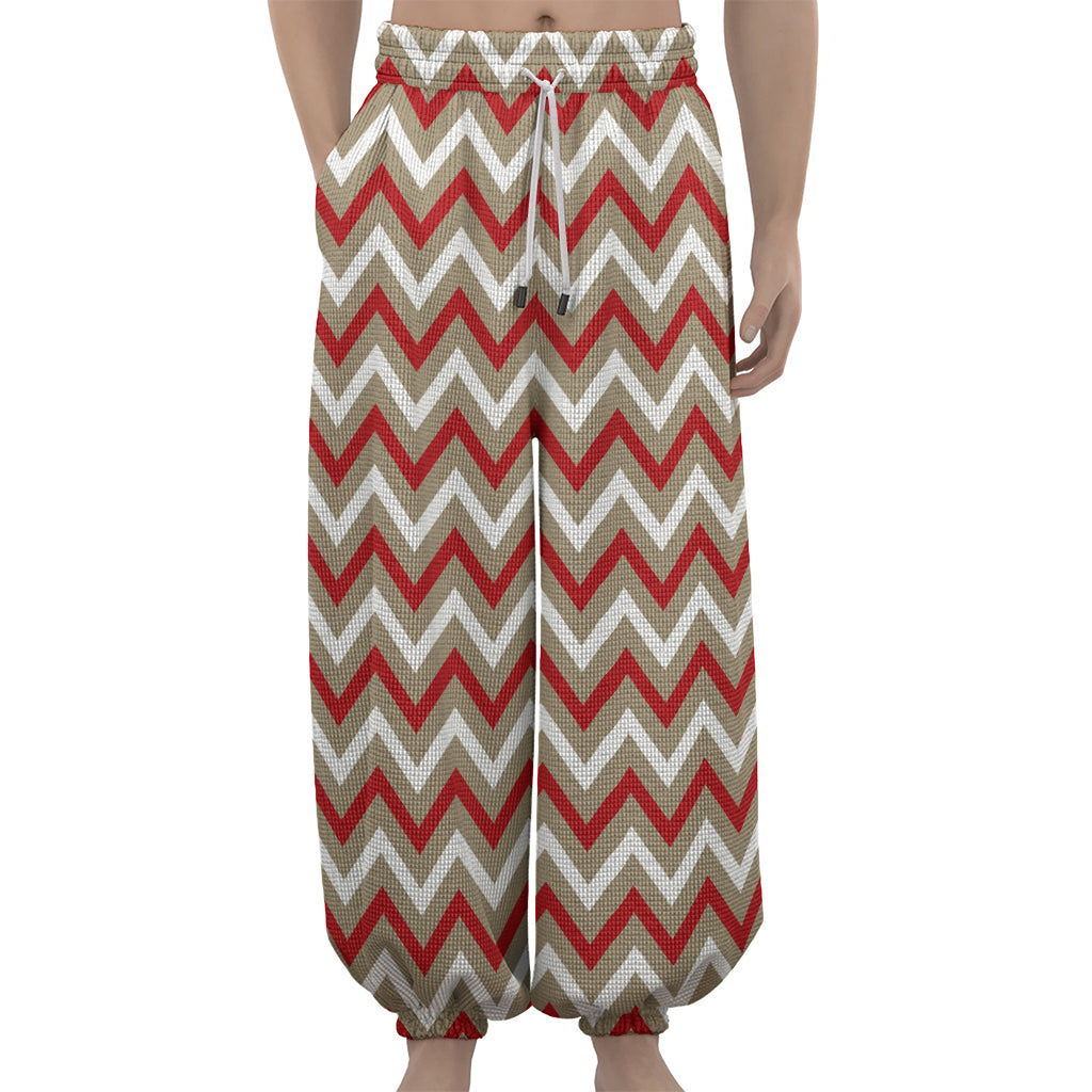 White Beige And Red Chevron Print Lantern Pants