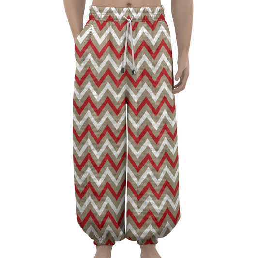 White Beige And Red Chevron Print Lantern Pants