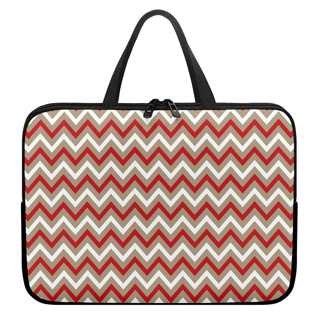 White Beige And Red Chevron Print Laptop Sleeve With Handle