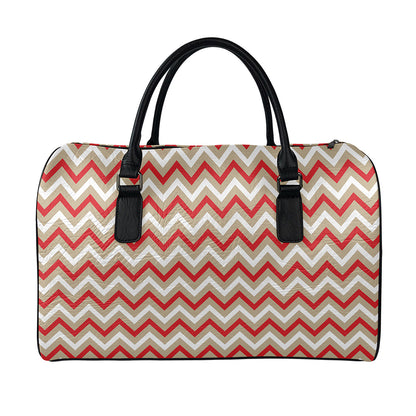 White Beige And Red Chevron Print Leather Duffle Bag