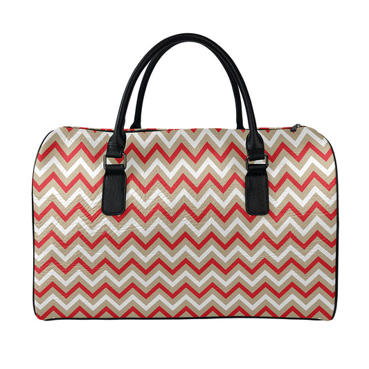 White Beige And Red Chevron Print Leather Duffle Bag