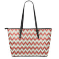 White Beige And Red Chevron Print Leather Tote Bag With Zipper