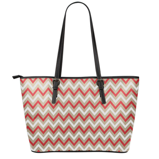 White Beige And Red Chevron Print Leather Tote Bag
