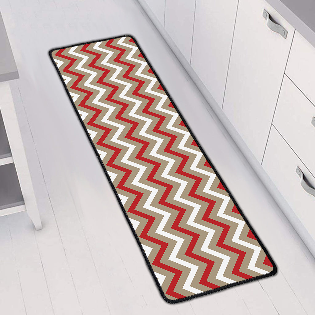 White Beige And Red Chevron Print Long Kitchen Mat