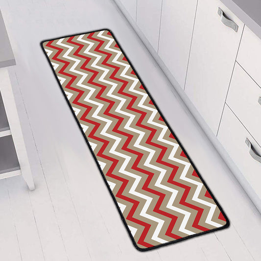 White Beige And Red Chevron Print Long Kitchen Mat