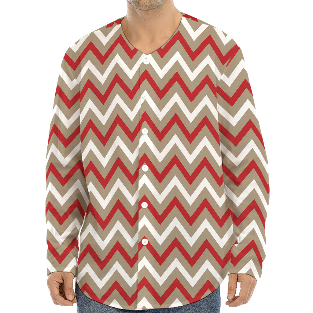 White Beige And Red Chevron Print Long Sleeve Baseball Jersey