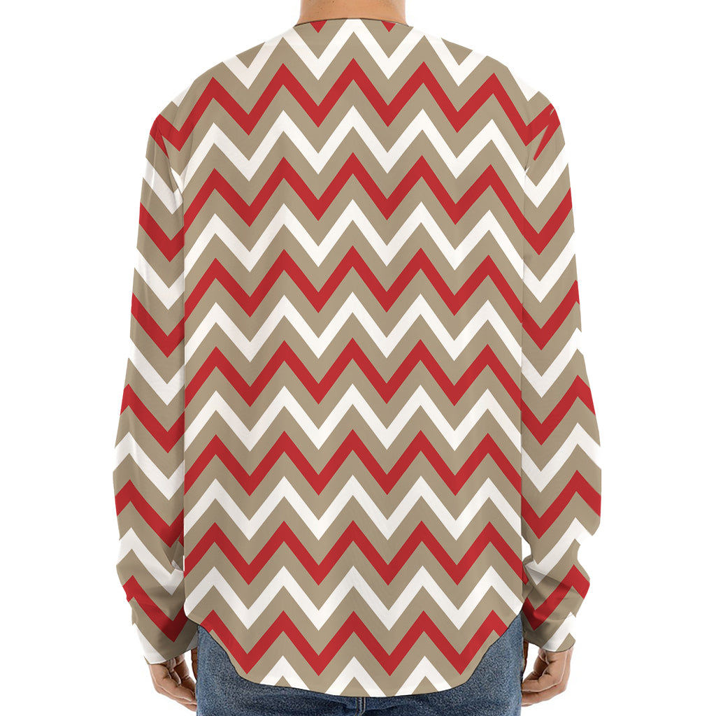 White Beige And Red Chevron Print Long Sleeve Baseball Jersey