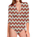 White Beige And Red Chevron Print Long Sleeve Swimsuit