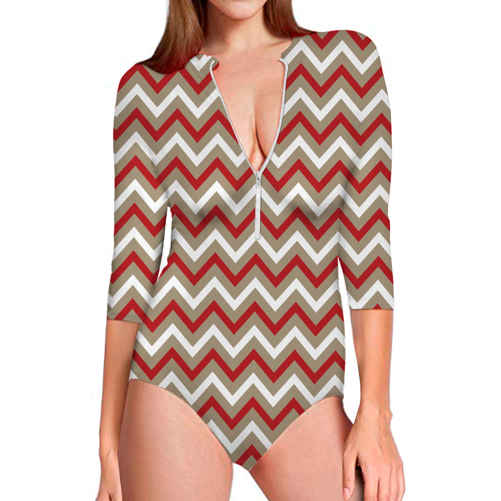 White Beige And Red Chevron Print Long Sleeve Swimsuit
