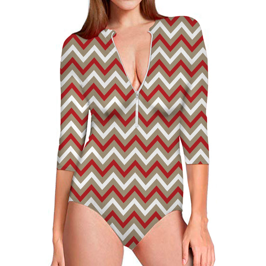 White Beige And Red Chevron Print Long Sleeve Swimsuit