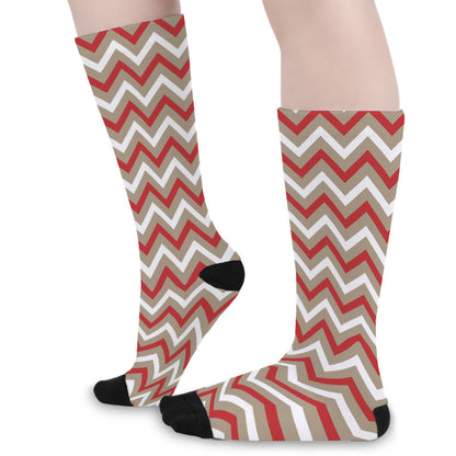 White Beige And Red Chevron Print Long Socks