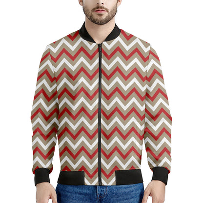 White Beige And Red Chevron Print Men's Bomber Jacket