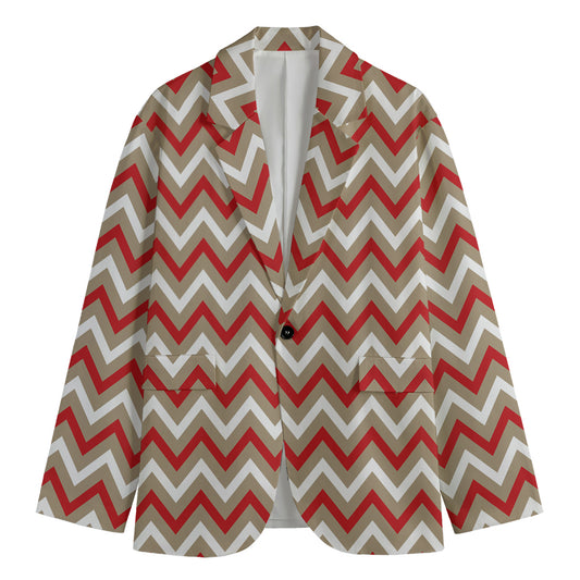 White Beige And Red Chevron Print Men's Cotton Blazer