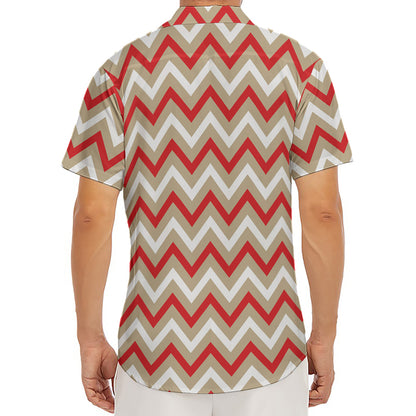 White Beige And Red Chevron Print Men's Deep V-Neck Shirt