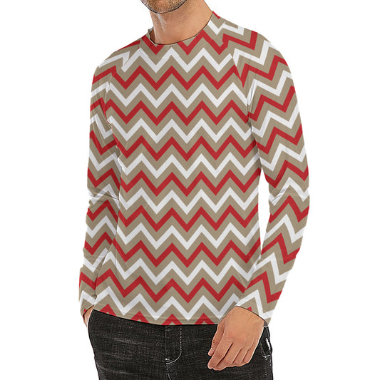 White Beige And Red Chevron Print Men's Long Sleeve Rash Guard
