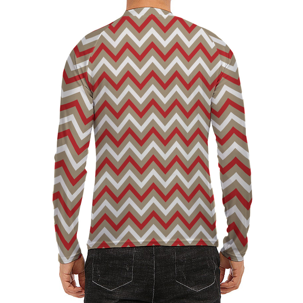 White Beige And Red Chevron Print Men's Long Sleeve Rash Guard