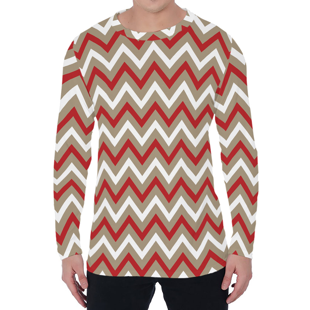 White Beige And Red Chevron Print Men's Long Sleeve T-Shirt