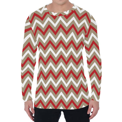 White Beige And Red Chevron Print Men's Long Sleeve T-Shirt