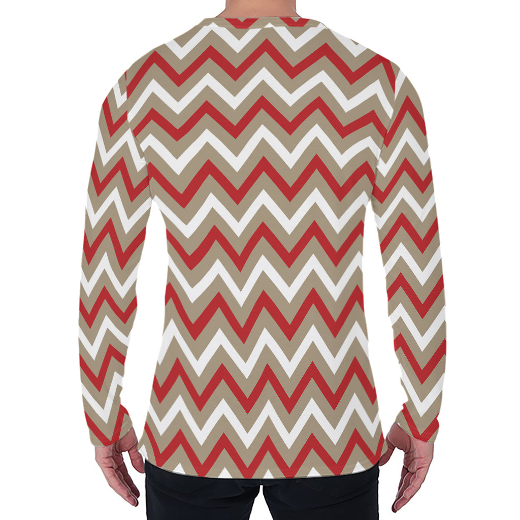 White Beige And Red Chevron Print Men's Long Sleeve T-Shirt