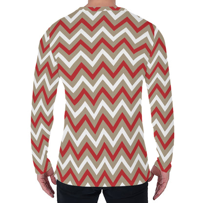 White Beige And Red Chevron Print Men's Long Sleeve T-Shirt