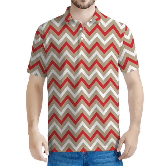 White Beige And Red Chevron Print Men's Polo Shirt