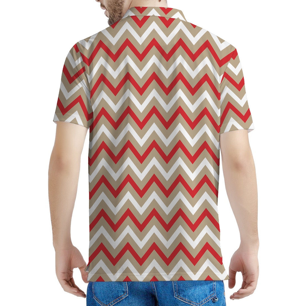 White Beige And Red Chevron Print Men's Polo Shirt